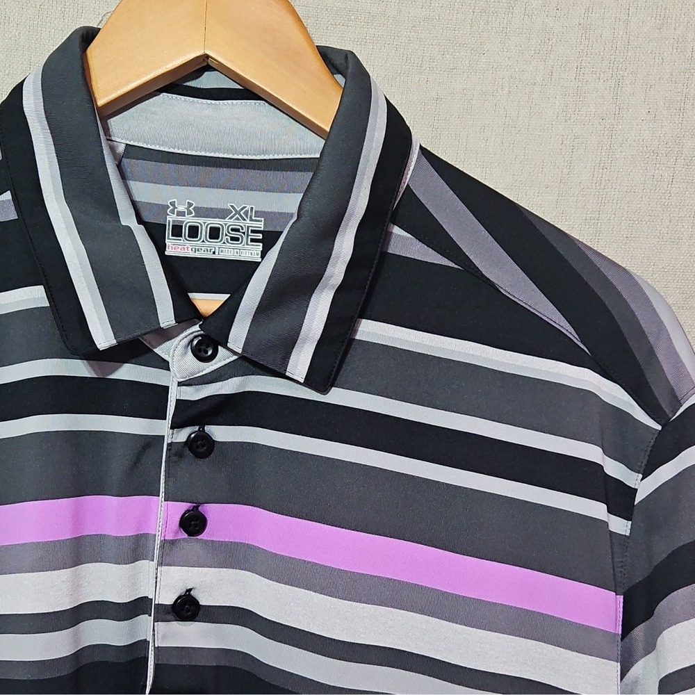 Under Armour HeatGear Men's Polo Shirt XL Loose Black Gray Purple Striped Logo
